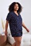 Lacivert Çiçekli Gömlek Yaka Dokuma Büyük Beden Pijama Takımı TBBSS26AI00066 - 3