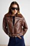 Koyu Kahverengi Regular Kalıp Peluş Detaylı Suni Deri Biker Ceket Mont TWOAW24MO00279 - 3