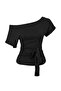 Siyah Çizgili Asimetrik Yaka Bağlama Detaylı Pamuklu Esnek Örme T-Shirt TWOAW27TS00008 - 5