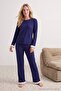 Navy Blue 100% Cotton Frilly Knitted Pajamas Set Thmaw26Pt00057 - 3