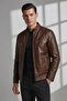 Brown Hector Hakim Collar Zippered Lined Men's Genuine Leather Coat - 2