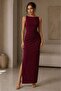 Pleated Side Slit Boat Neck Maxi Length Crepe Fabric Dress - 2