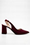 Women's Dark Burgundy Satin Fabric Asymmetrical Banded Pointed Toe Thick Heeled Shoes - 2