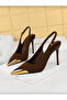 Women's Stiletto Pointed Toe Gold Detailed Open Back Heeled Shoes Black - 2