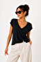 Women's Black Open Back Lace-Up V-Neck Casual Blouse - 3