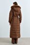 Hooded Belted Goose down Coat Brown - 6