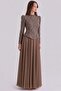 Beaded Patterned Chiffon Combination Exclusive Hijab Evening Dress S.Brown 1089 - 3