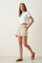 Ecru Pique Textured Soft Touch Fabric Comfortable Fit Drawstring Waist Women's Shorts Daily Basic Regular Fit Pocketed Normal Waist Flexible Slim Home Shorts - 2