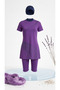 2154_Women's Printed Boneli Semi-Closed Strappy Covered Bustier Lined 3-Piece Hijab Swimsuit Set - Purple - 6