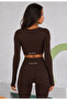 Women's Long Sleeve U-Neck Seamless Gathering Sports Bustier - Brown - 2