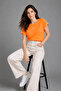 Women's Orange Cotton Pack Curled Sleeve Detail Crew Neck T-Shirt - 4