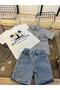 Denim Shorts Gray Muslin Shirt White Printed Tshirt Boy Baby Summer 3-Piece Set 6-24 Months - 4