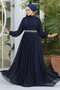 Pleated Dark Navy Blue Hijab Evening Dress 25888Kl - 2