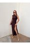 Buketli̇ Women's Draped Long Pencil Dress with Buckle Detail at Waist and Collar and Slit - 6