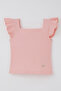 Girl's T-Shirt Crop Square Neck Frilly Crest 8-14 Years, Salmon - 5