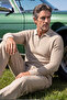 Men's Zippered Polo Neck Beige Sweater Knitwear Embossed Knit Solid Color Classic Fit - 5240F - 3