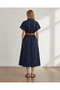 Women's Dark Blue Batwing Sleeve Buttoned Belted Maxi Denim Dress ELB-19002477 - 5