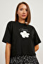 Women's Floral Text Printed Short Sleeve Black T-Shirt - 3