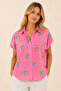 Women's Pink Patterned Bat Sleeve Shirt – Character Printed Relaxed Fit Summer Shirt - - 4