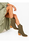 Handy Women's Western Cowboy Heeled Suede Laser Cut Perforated Summer Boots-Khaki Green - 3