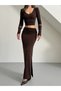 V-Neck Skirt Draped Set - Brown - 4