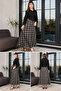 Women's Brown Plaid Patterned High Waist Midi Skirt with Pockets - 5