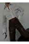 Brown Leather-Look Wide Leg Zipper Detailed Trousers