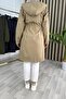 Cavi̇dan Trench Coat Striped Bondit Fabric Women's Camel Color Openable Buttoned Trench Coat with Drawstring Waist and Hood - 4