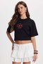 Women's Oversize Wide Cut 100% Cotton Crew Neck Short Sleeve Printed Black T-Shirt
