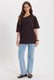 Women's Relax Fit Comfortable Cut 100% Cotton Boat Neck Short Bat Sleeve Brown T-Shirt - 2