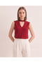 Women's Burgundy V-Neck High Neck Button Detailed Sleeveless Sandy Fabric Blouse - 4