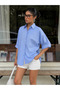 Women's Oversize Shirt Blue Striped Open Back Modern Design - 2