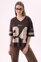 Crep Women's College Printed 24 V-Neck Short Sleeve T-Shirt Oversize Fit 100% Cotton Brown - 7