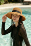 Wide Brim Ribbon Tie Detail Curved Straw Hat 2126 Camel - 2