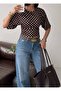 Crew Neck Fitted Waist Brown Polka Dot Cotton Bat Sleeve Blouse Blz99000 - 3