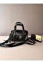 Women's Black Leather Look Zippered Strap Hand and Shoulder Bag