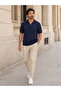 Half Zipper Premium Navy Blue Polo Collar Knitwear T-Shirt - Cotton & Tencel - 6