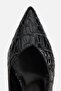 Women's Black Pointed Toe Crocodile Stiletto Heel U Open Back Shoes - 5
