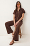 Polo Collar Zippered Top and Bottom Woven Set Laz0005 Brown - 3
