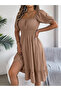 Beige Square Neck Knee Length Dress - 4