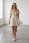 Women's beige skirt and sleeve flared front crochet lined linen mini dress alc-x15508