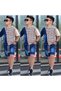 Boy's Summer Striped Pocket Detailed Double Denim Set - Denim Detailed T-Shirt - Shorts 100% Cotton Double Holiday Set - 3