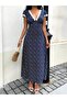 Women's Short Sleeve Deep V-Neck Lace Detailed Patterned Long Single Jersey Dress