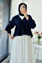 V-Neck Waist Gathered Muslin Blouse – Navy Blue - 5