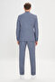 Men's Navy Blue Slim Fit Mono Collar Patterned Suit with Tie at the Waist - 7