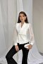 Ecru Double-Breasted Collar Transparent Sleeves Tassel Detailed Blouse