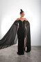 Beaded Embroidered Slit Evening Dress with Cape Sleeves, Wedding, Engagement Dress - 2