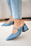 Fely Wicker Detailed Genuine Leather Thick Heeled Women's Blue Slippers