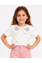 Girl's Cream Color Short Sleeve Blouse with Embroidered Collar and Lace Detail - 3