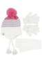 Girl's Ecru Pink Striped Pompom Knitwear Gloves Scarf Beanie Set 1-4 Years